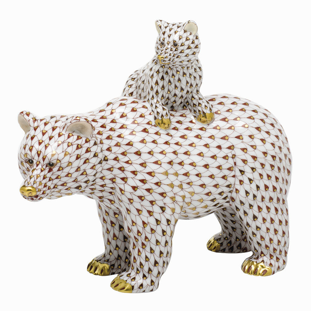 Hand-painted Herend Grizzly Bear and Baby Figurine in fine porcelain, 8.5in L X 6.75in H, on a white background