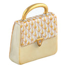 Herend Handbag figurine in Butterscotch with warm butterscotch yellow fishnet pattern with gold accents on a white background