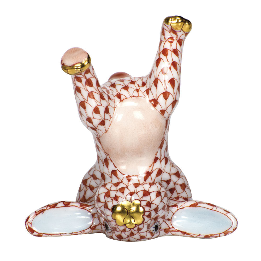 Rust fishnet Handstand Bunny Figurine figurine, hand-painted Herend porcelain with 24k gold accents