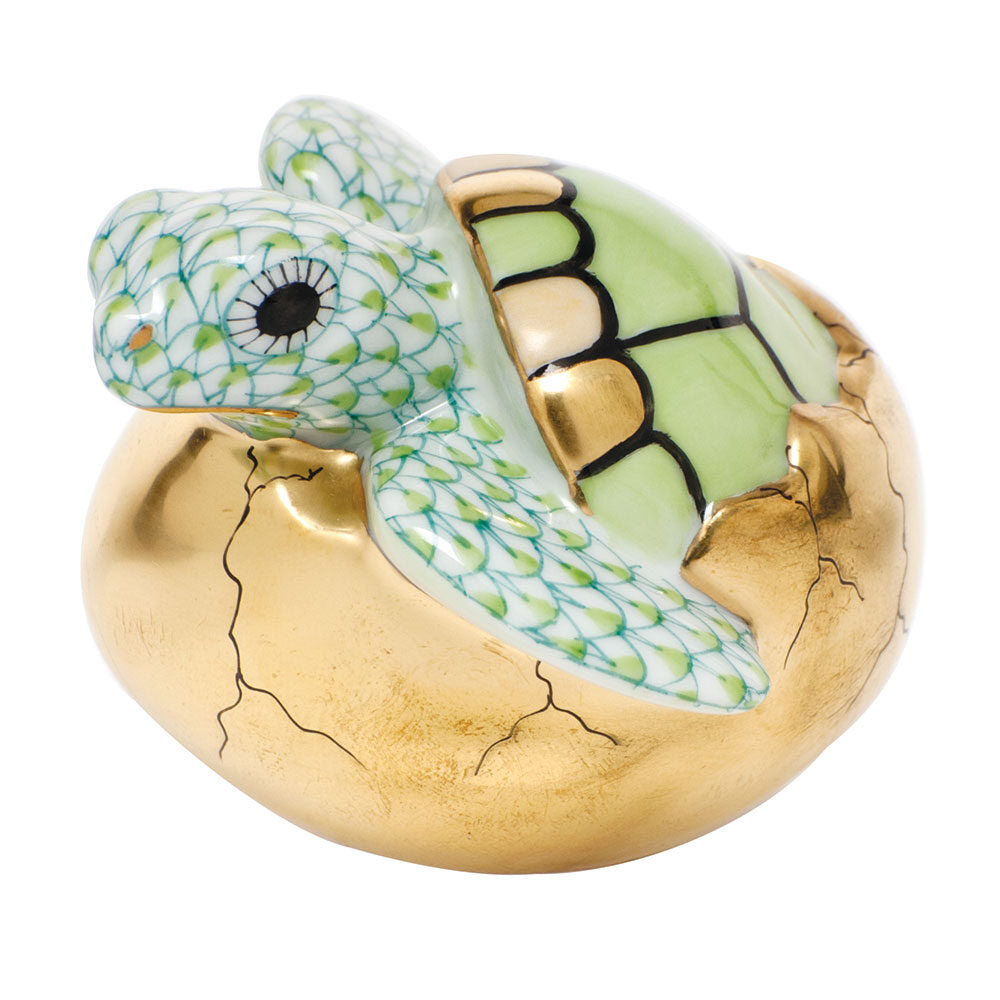 Herend Hatching Sea Turtle Figurine porcelain figurine painted in the Key Lime fishnet pattern