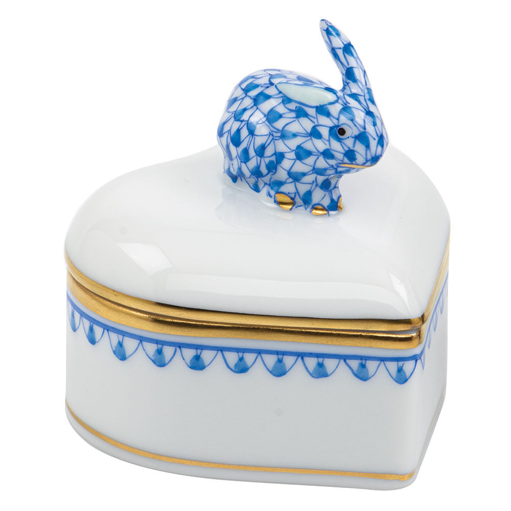 Blue fishnet Heart Box with Bunny figurine, hand-painted Herend porcelain with 24k gold accents