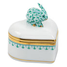 Hand-painted Herend Heart Box with Bunny in Green fishnet porcelain on a white background