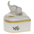 Hand-painted Herend Heart Box with Cat in fine porcelain, 2.25in L X 2.25in W, on a white background