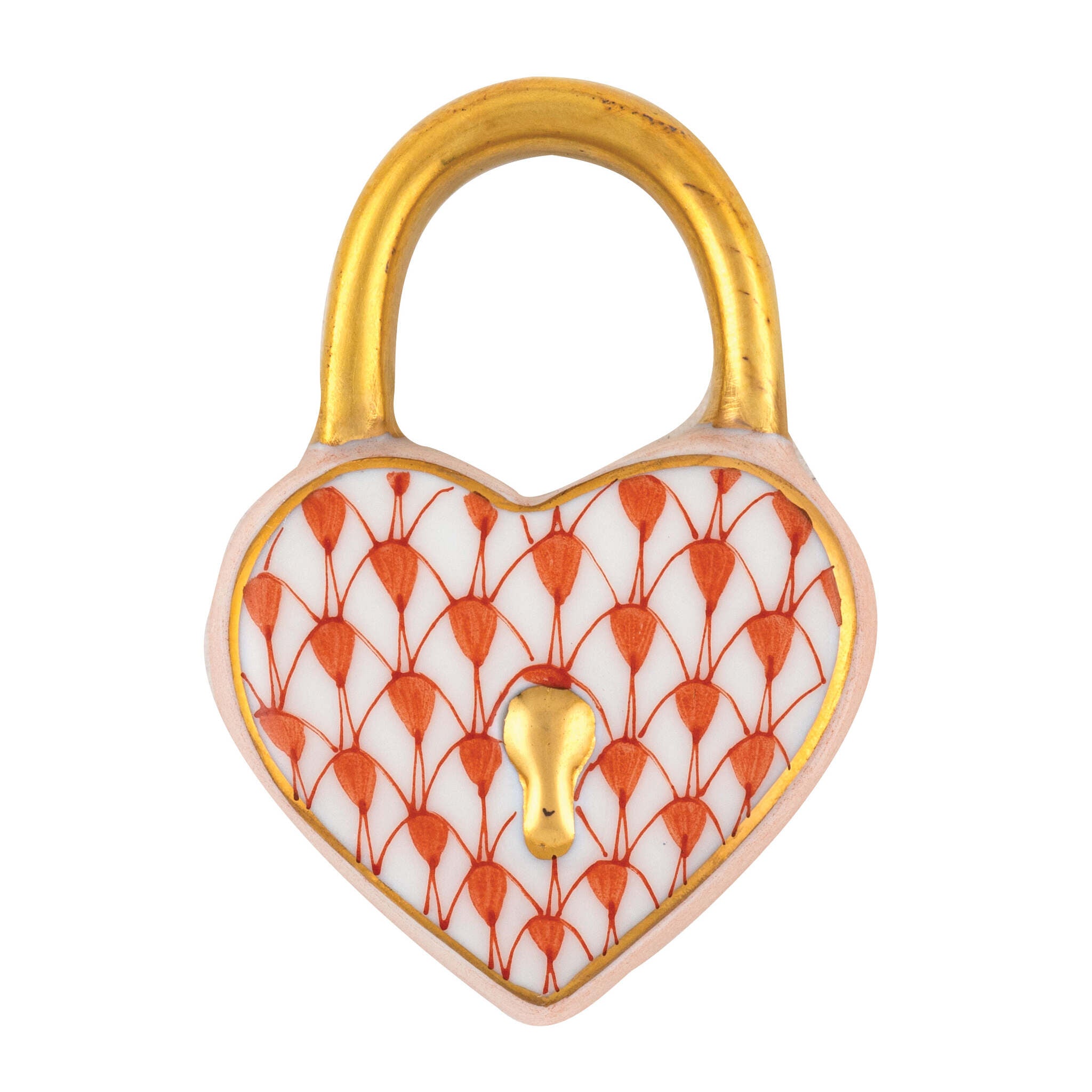 Hand-painted Herend Heart Lock Figurine in Rust fishnet porcelain on a white background
