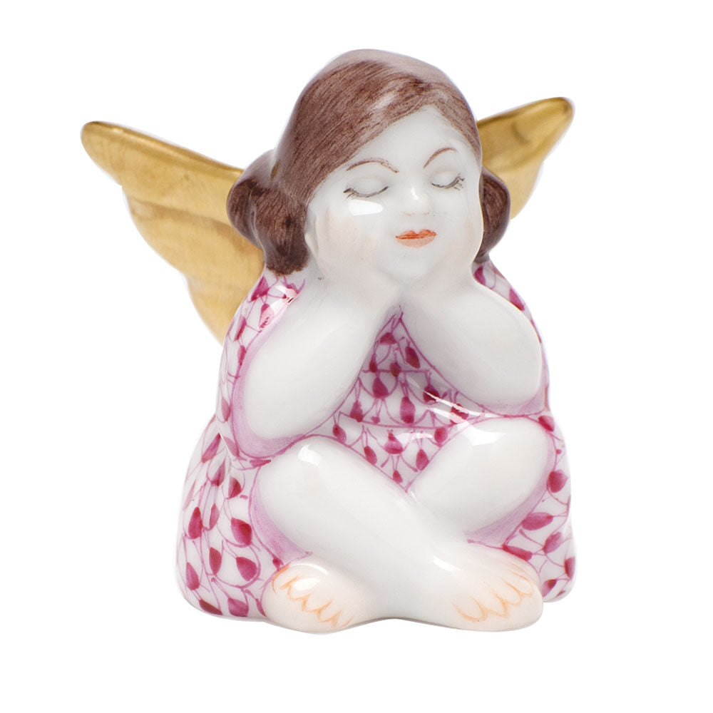 Raspberry fishnet Heavenly Bliss Sitting Angel Figurine figurine, hand-painted Herend porcelain with 24k gold accents