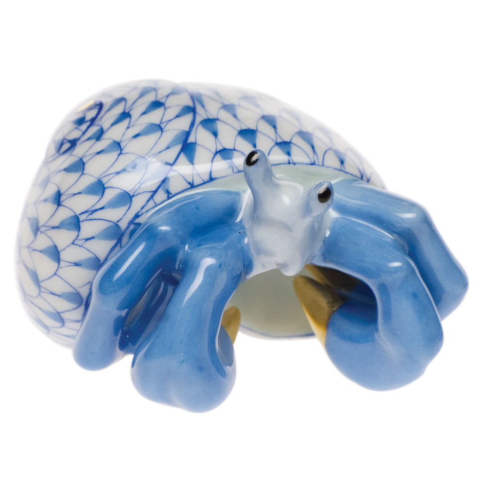 Hand-painted Herend Hermit Crab Figurine in Blue fishnet porcelain on a white background
