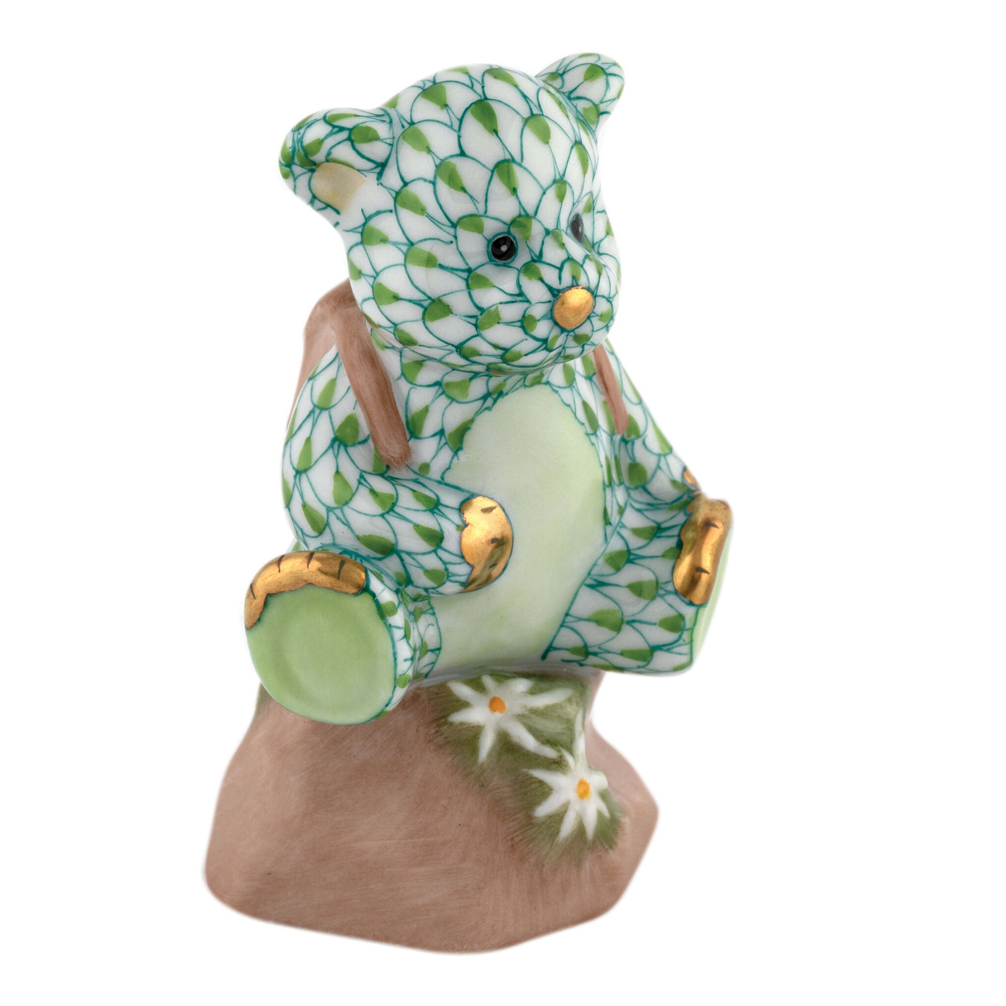 Herend Hiking Bear Figurine porcelain figurine painted in the Key Lime fishnet pattern