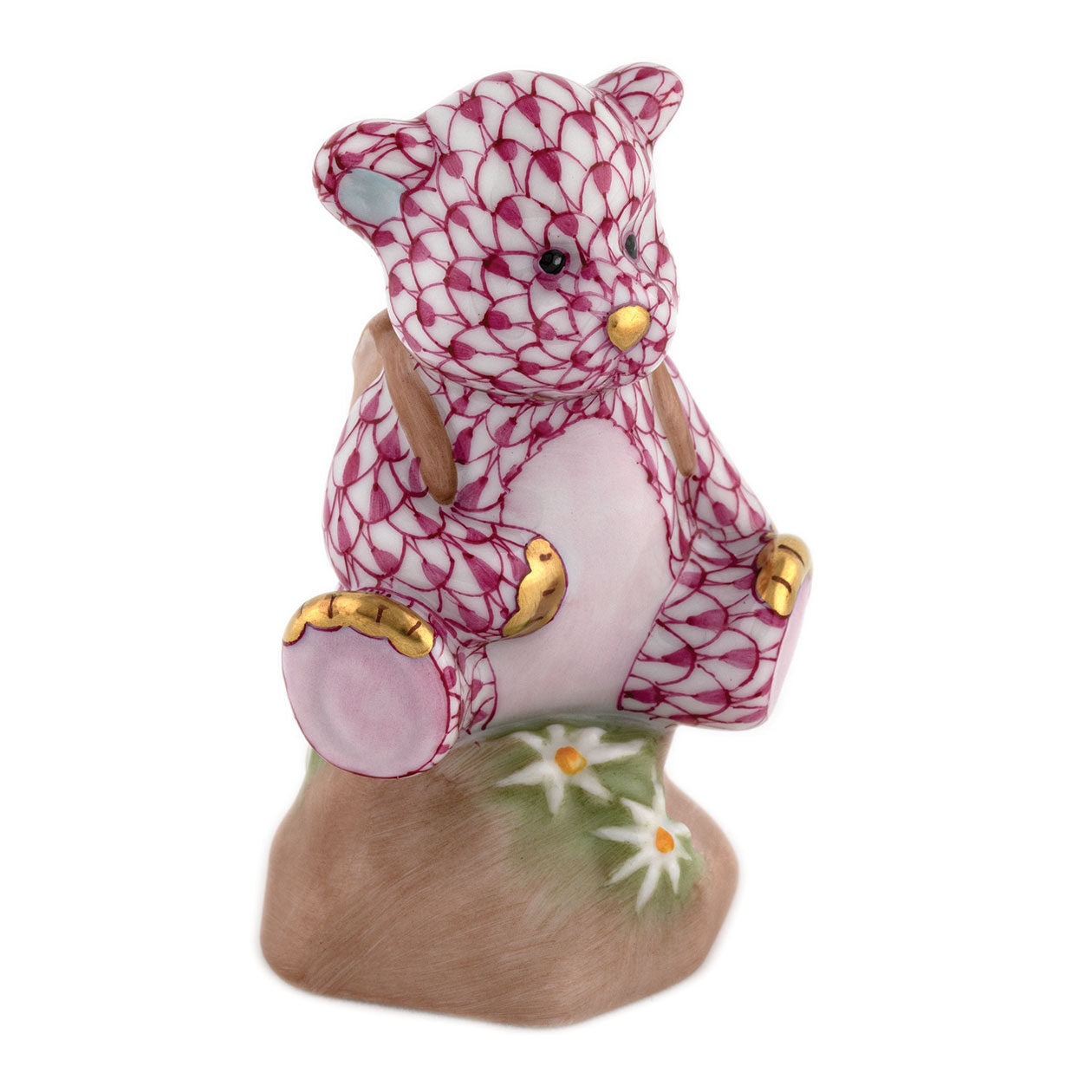 Hand-painted Herend Hiking Bear Figurine in Raspberry fishnet porcelain on a white background