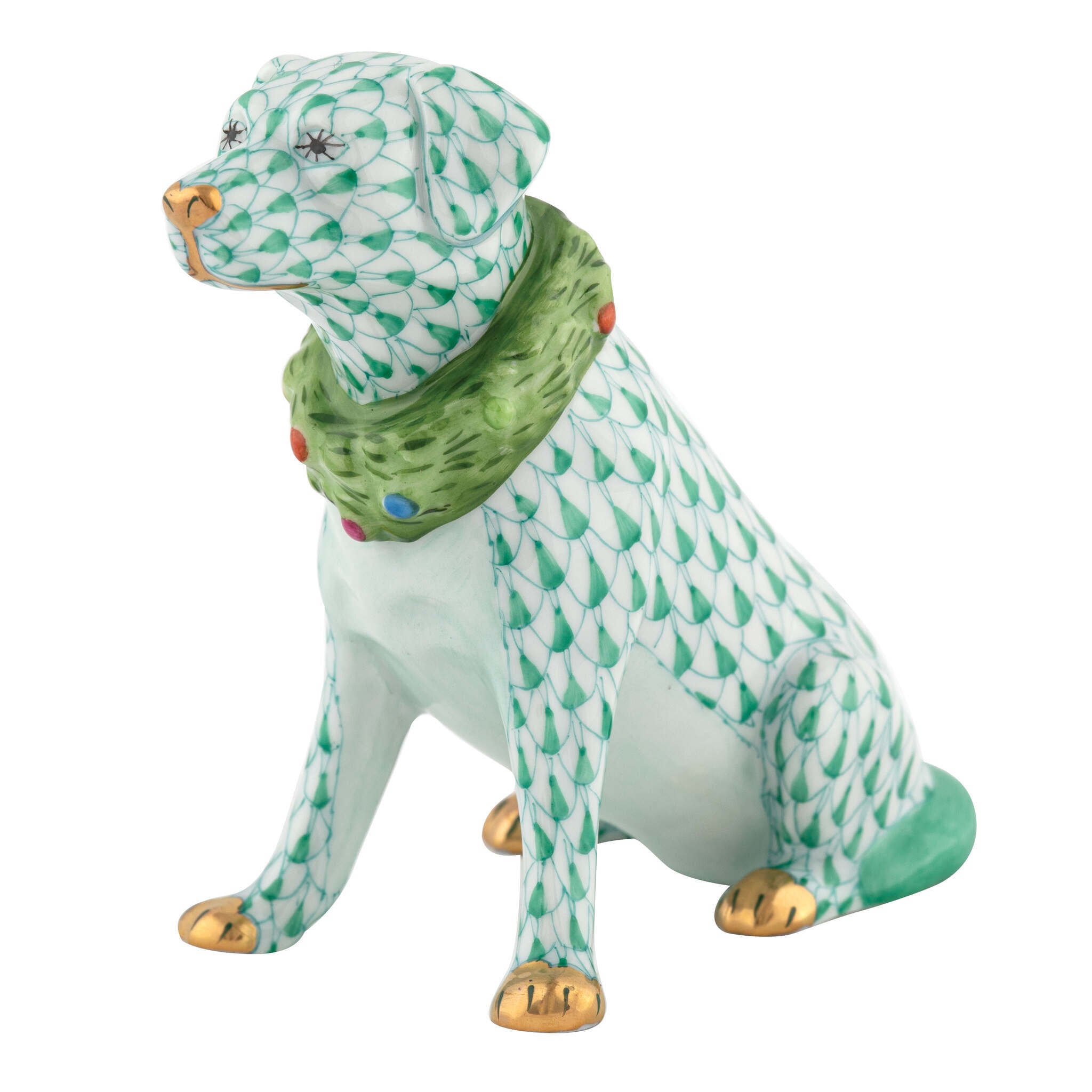 Hand-painted Herend Holiday Dog Figurine in Green fishnet porcelain on a white background