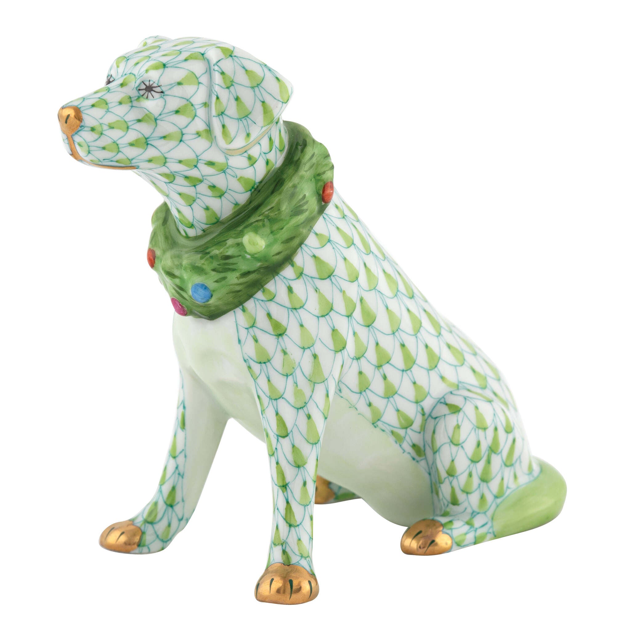 Hand-painted Herend Holiday Dog Figurine in Key Lime fishnet porcelain on a white background
