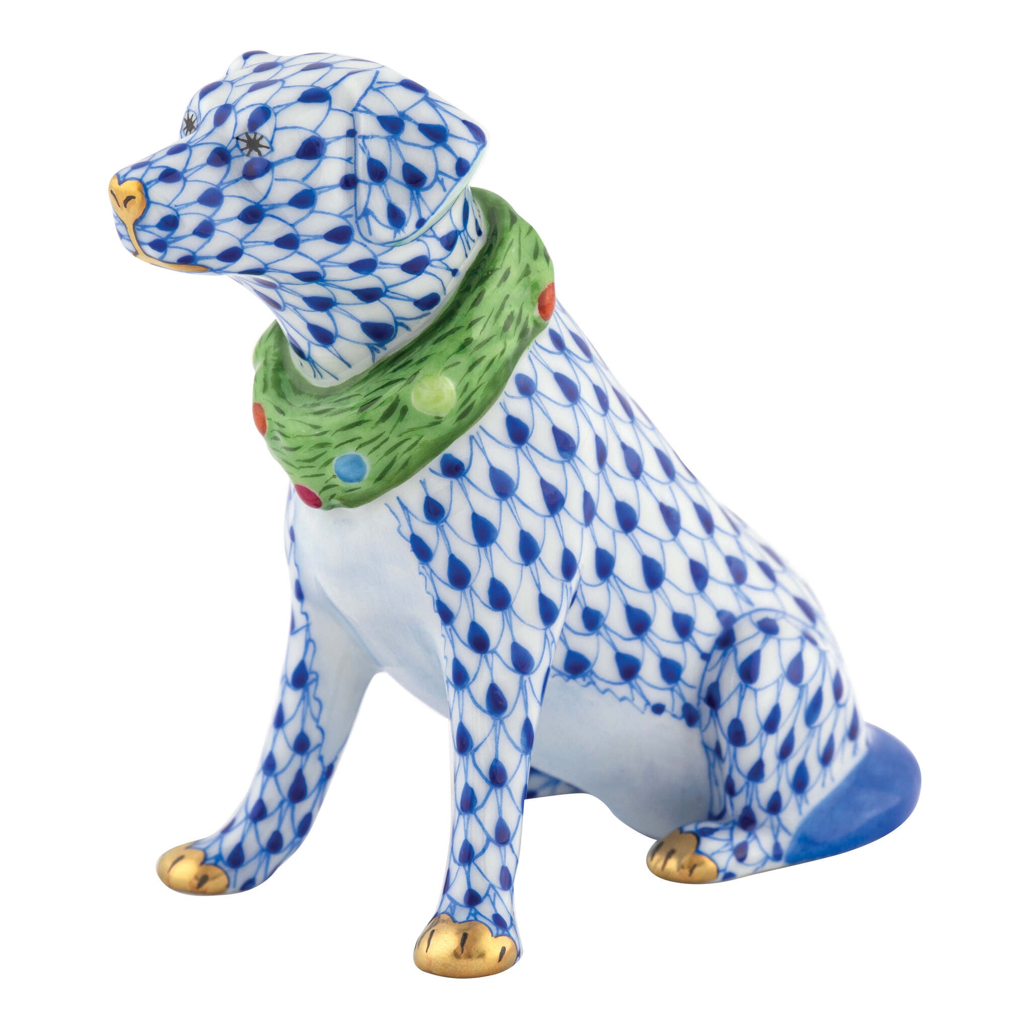 Herend Holiday Dog Figurine porcelain figurine painted in the Sapphire fishnet pattern