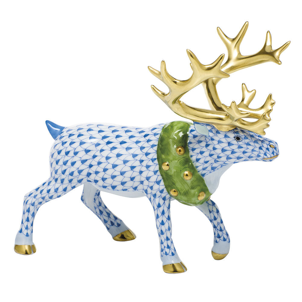 Blue fishnet Holiday Reindeer Figurine figurine, hand-painted Herend porcelain with 24k gold accents