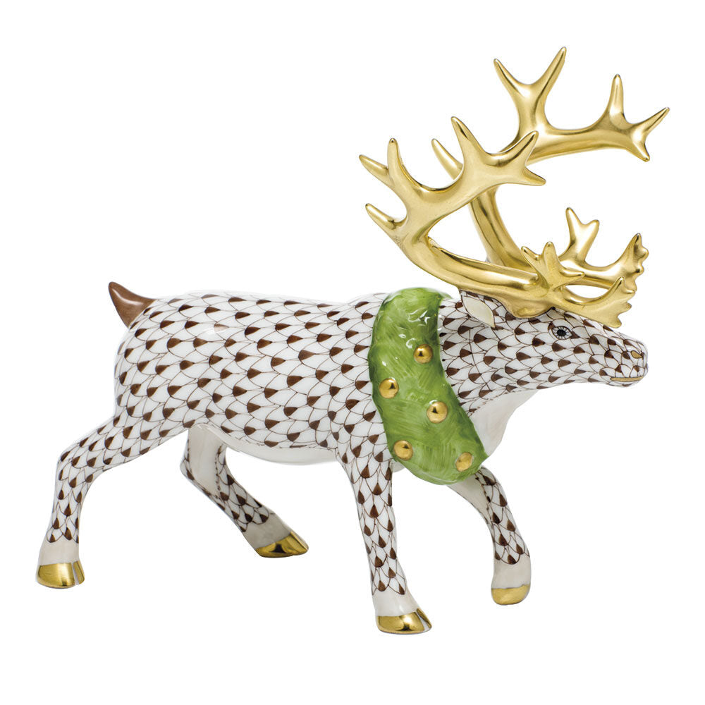 Chocolate fishnet Holiday Reindeer Figurine figurine, hand-painted Herend porcelain with 24k gold accents