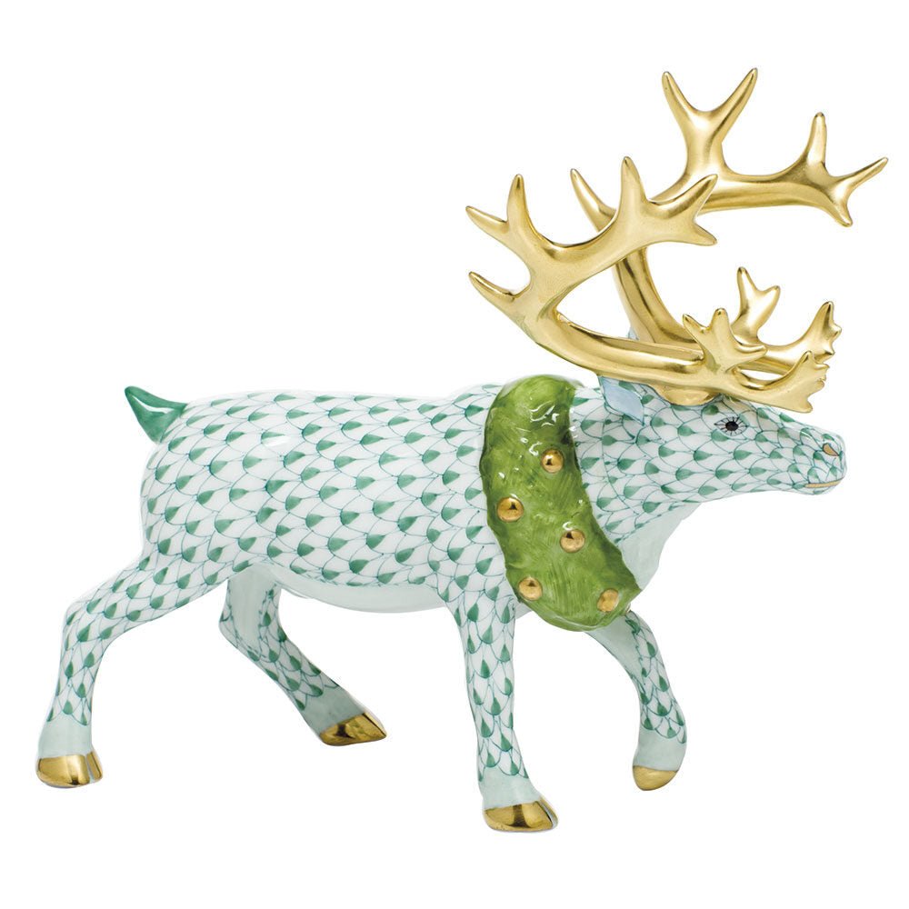 Herend Holiday Reindeer Figurine porcelain figurine painted in the Green fishnet pattern