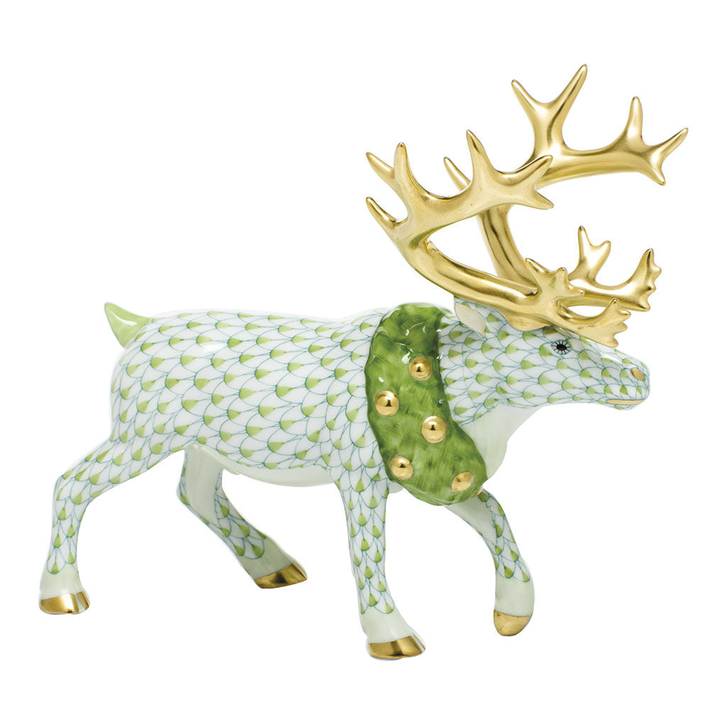 Herend Holiday Reindeer Figurine porcelain figurine painted in the Key Lime fishnet pattern