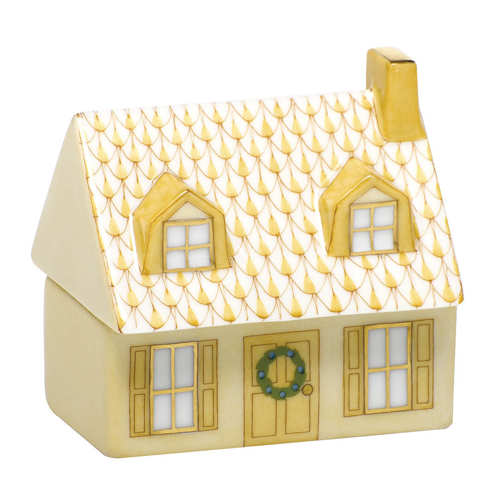 Hand-painted Herend Home Sweet Home Figurine in Butterscotch fishnet porcelain on a white background