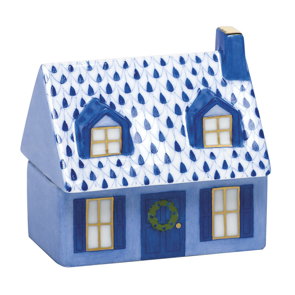 Hand-painted Herend Home Sweet Home Figurine in Sapphire fishnet porcelain on a white background