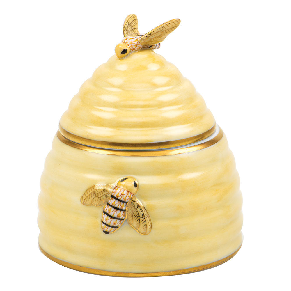 Hand-painted Herend Honey Pot Figurine in fine porcelain, 3.25in L X 3.25in W X 3.75in H, on a white background