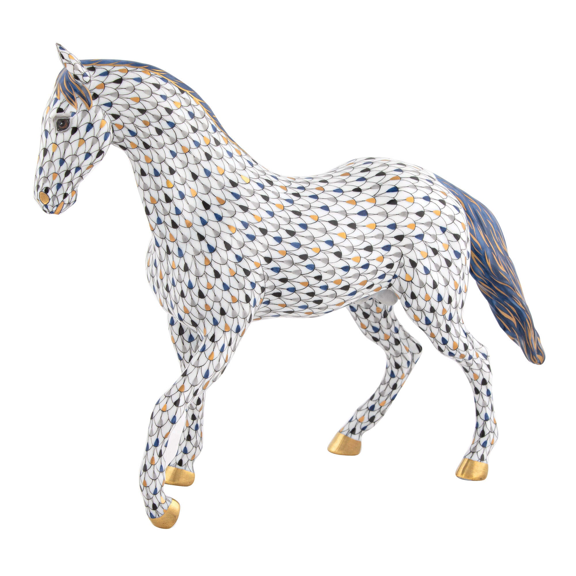 Hand-painted Herend Horse Figurine in fine porcelain, 11in L X 3in W X 8.25in H, on a white background