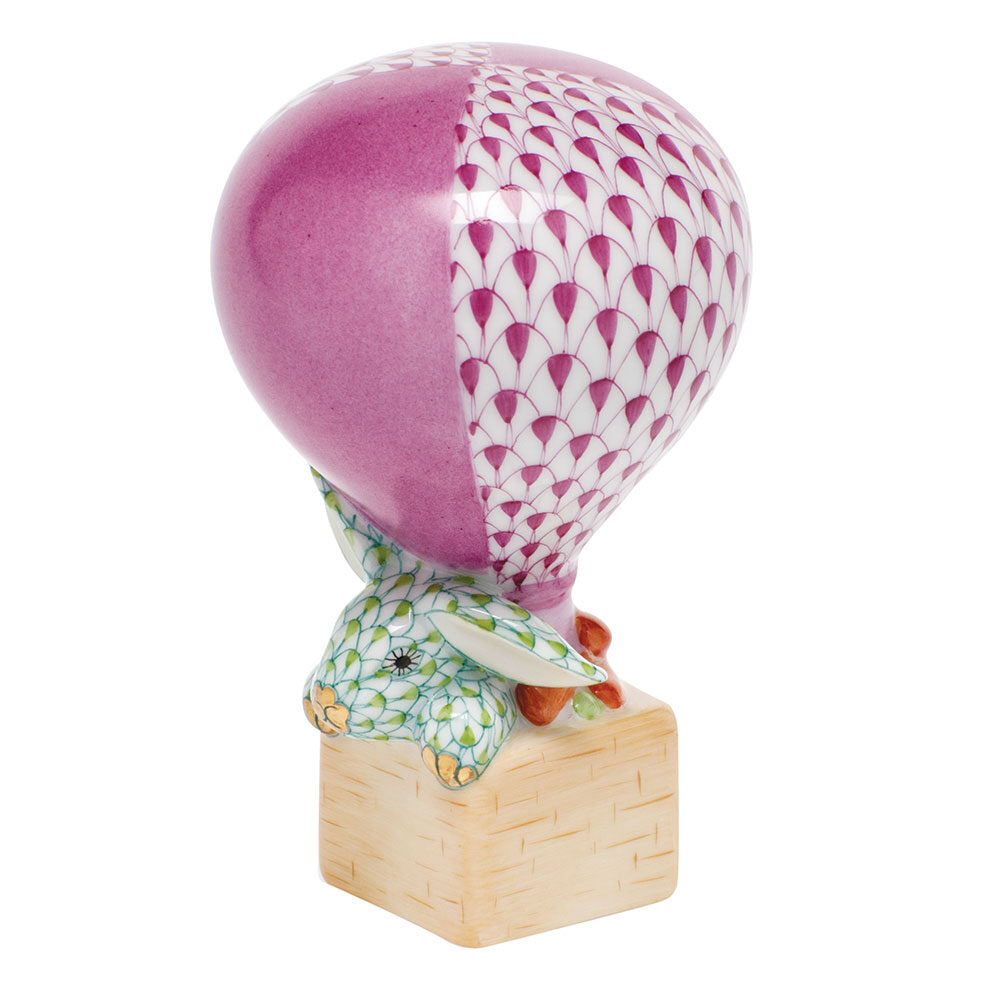 Herend Hot Air Balloon Bunny Figurine porcelain figurine painted in the Raspberry-Key Lime fishnet pattern