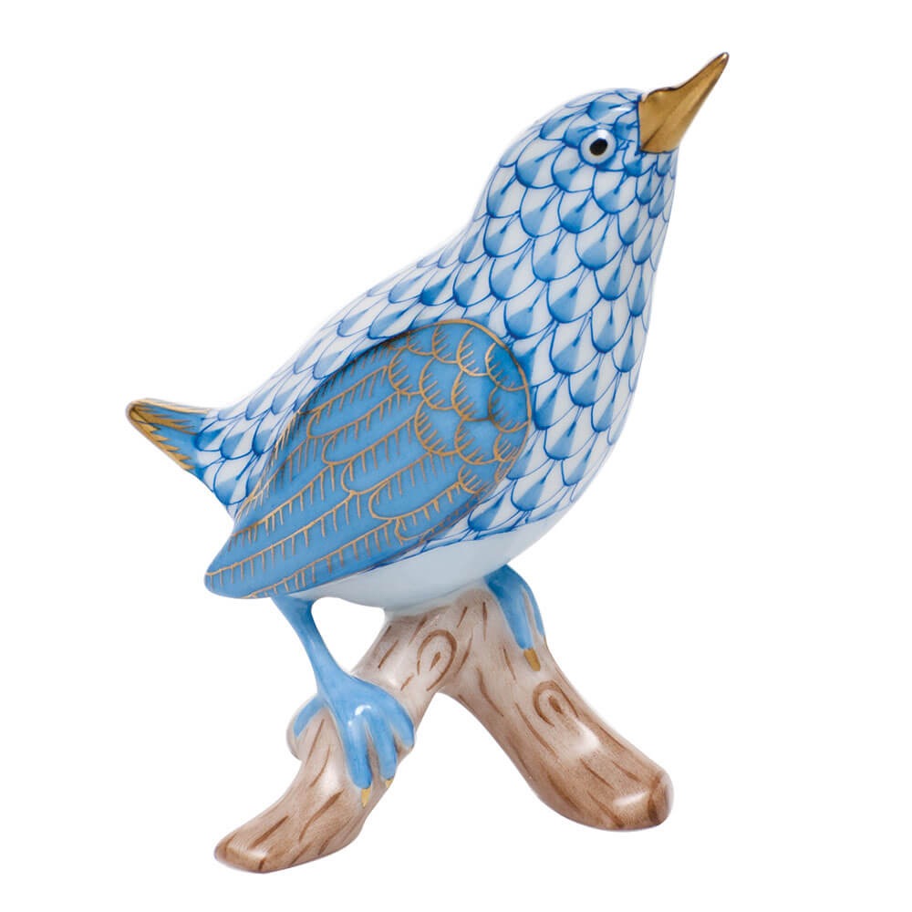 Hand-painted Herend House Wren Figurine in Blue fishnet porcelain on a white background
