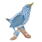 Hand-painted Herend House Wren Figurine in Blue fishnet porcelain on a white background