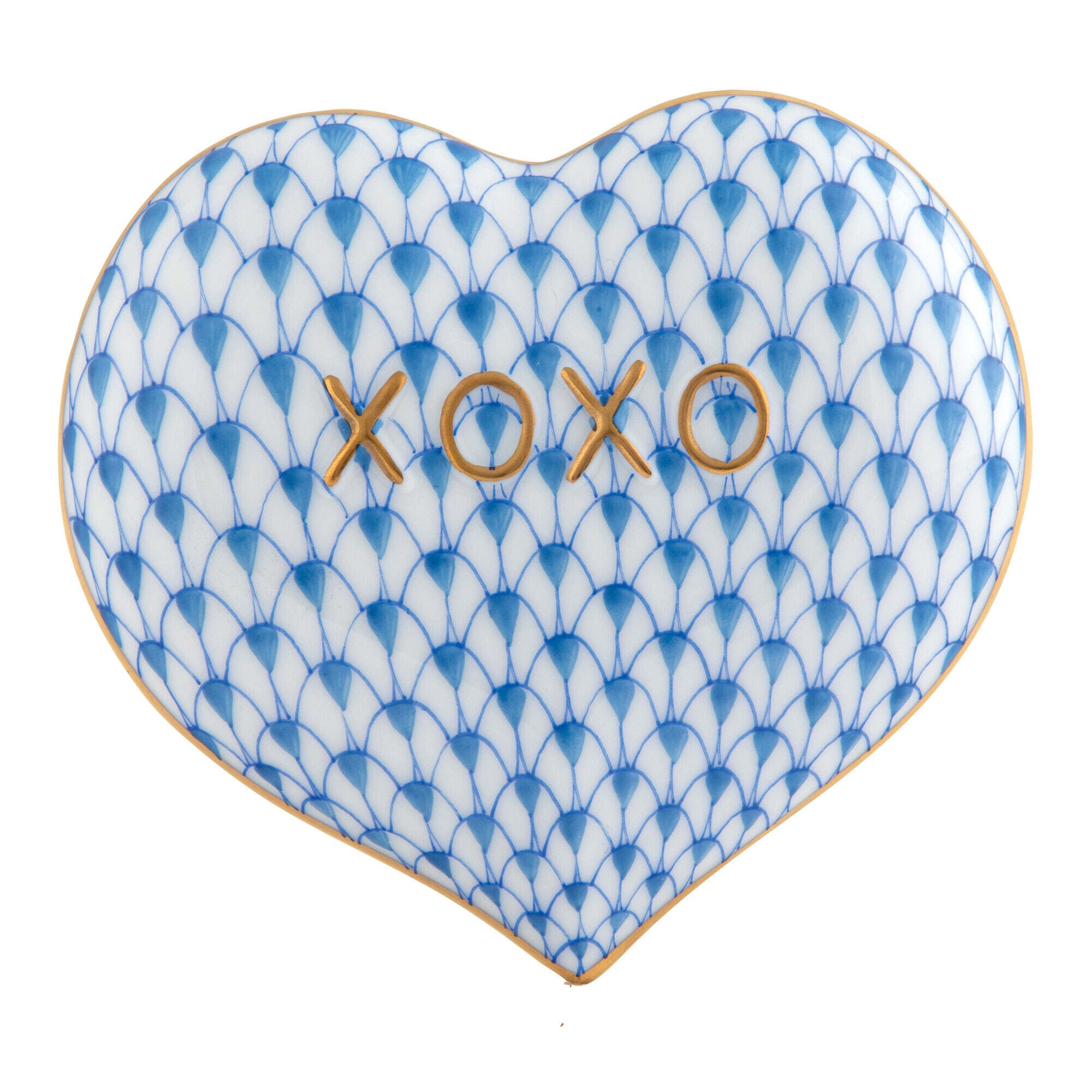 Hand-painted Herend Hugs and Kisses Heart Figurine in Blue fishnet porcelain on a white background