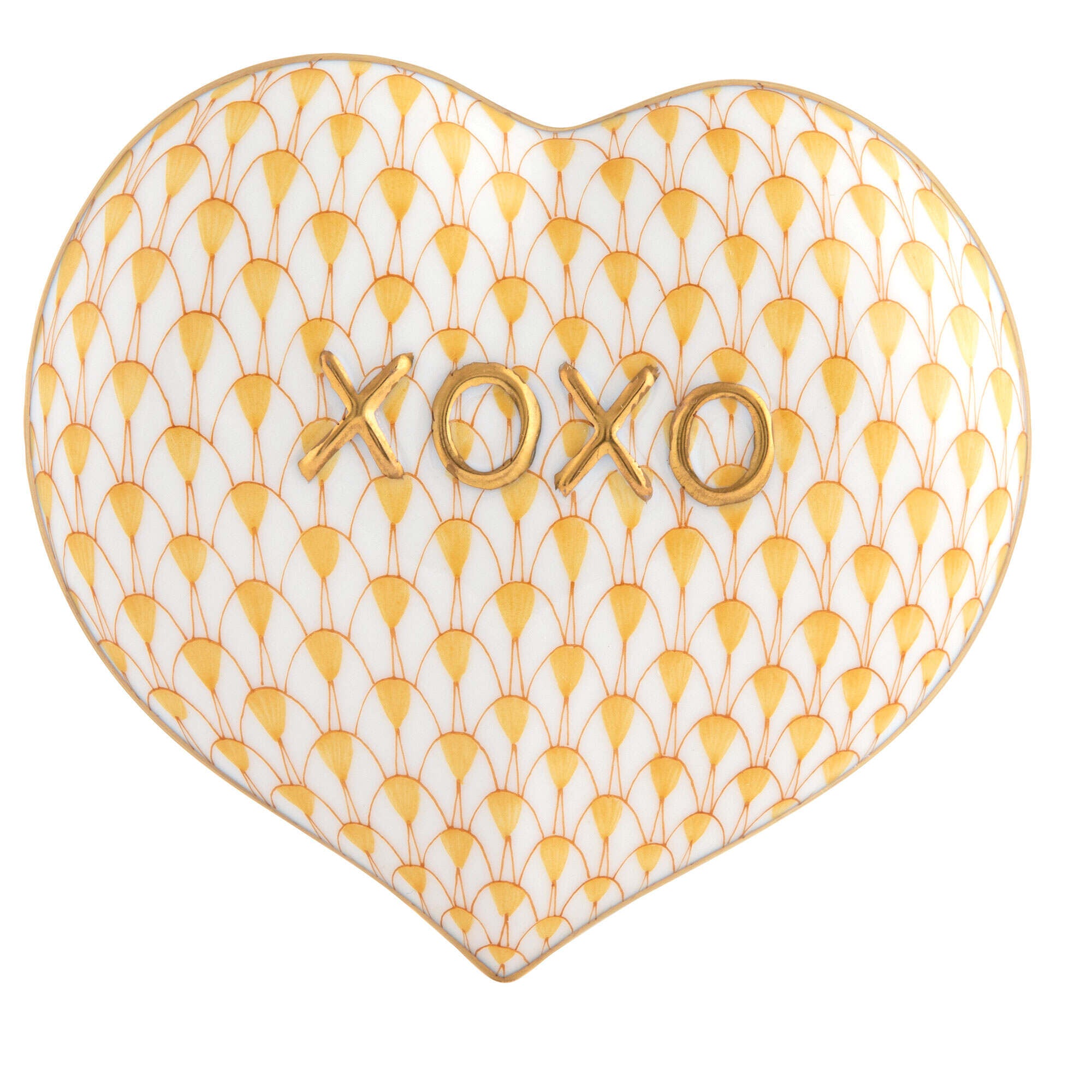 Hand-painted Herend Hugs and Kisses Heart Figurine in Butterscotch fishnet porcelain on a white background