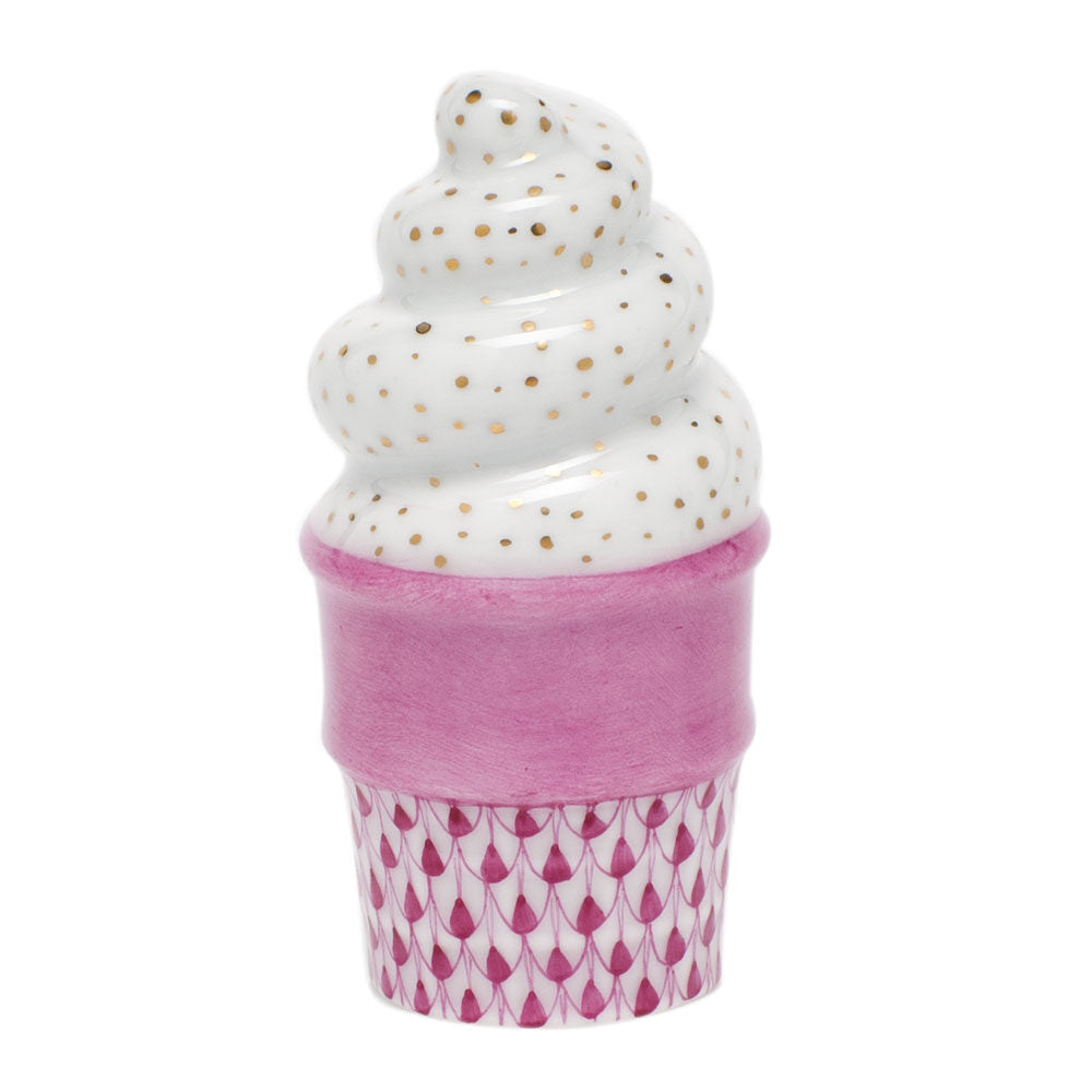 Raspberry fishnet Ice Cream Cone Figurine figurine, hand-painted Herend porcelain with 24k gold accents