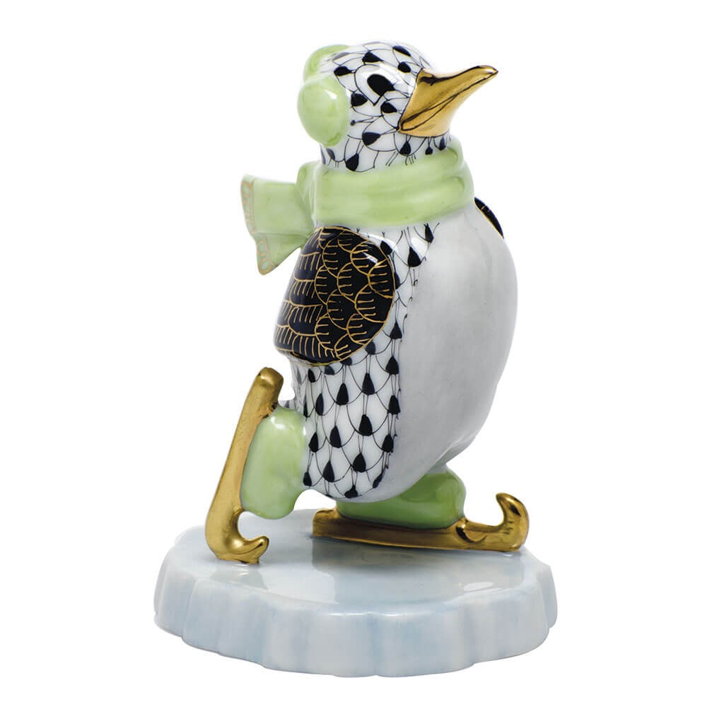 Ice Skating Penguin Figurine in hand-painted Black porcelain by Herend of Hungary
