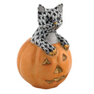 Hand-painted Herend Jack O Lantern Kitty Figurine in Black fishnet porcelain on a white background