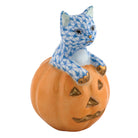 Herend Jack O Lantern Kitty Figurine porcelain figurine painted in the Blue fishnet pattern