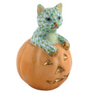 Hand-painted Herend Jack O Lantern Kitty Figurine in Key Lime fishnet porcelain on a white background