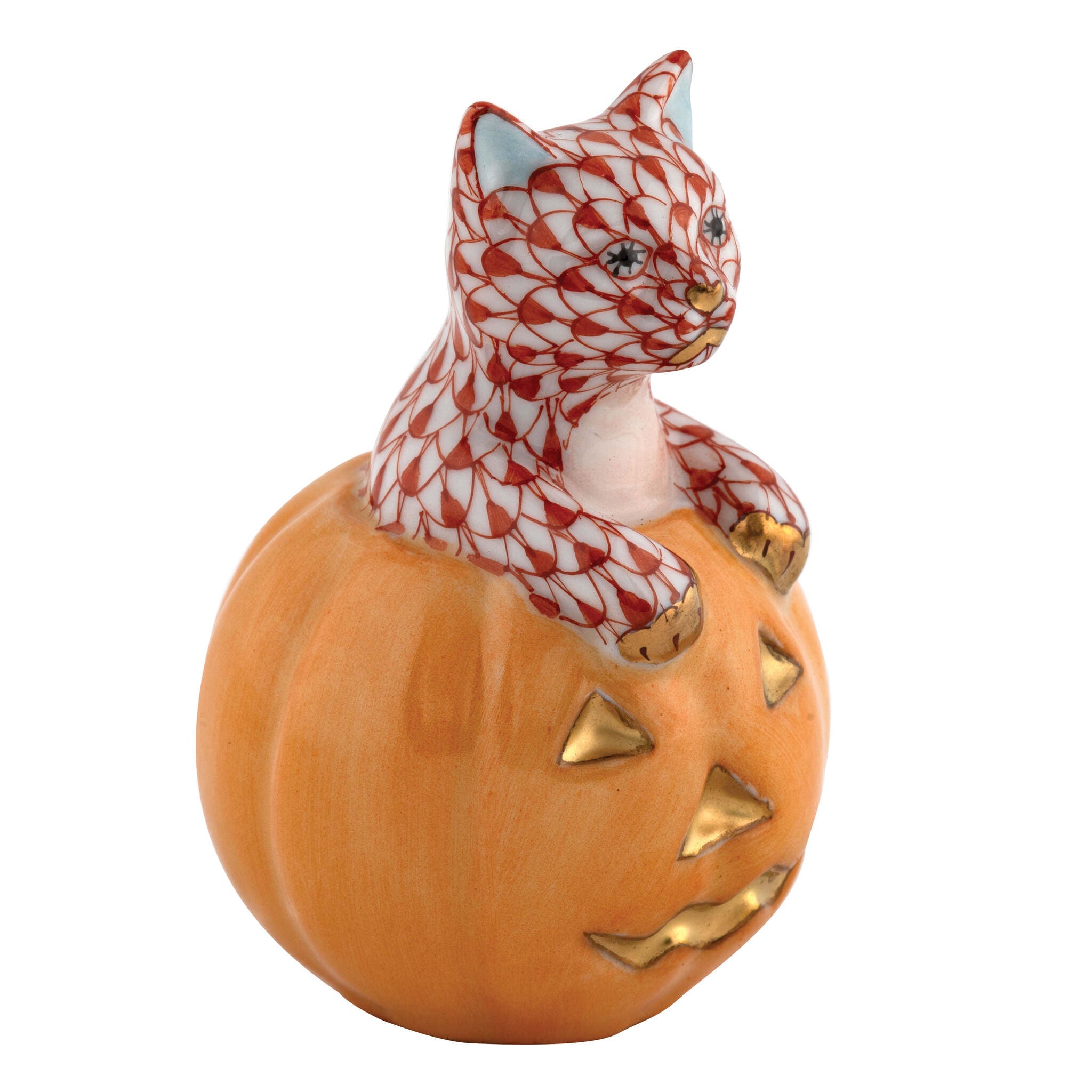 Rust fishnet Jack O Lantern Kitty Figurine figurine, hand-painted Herend porcelain with 24k gold accents