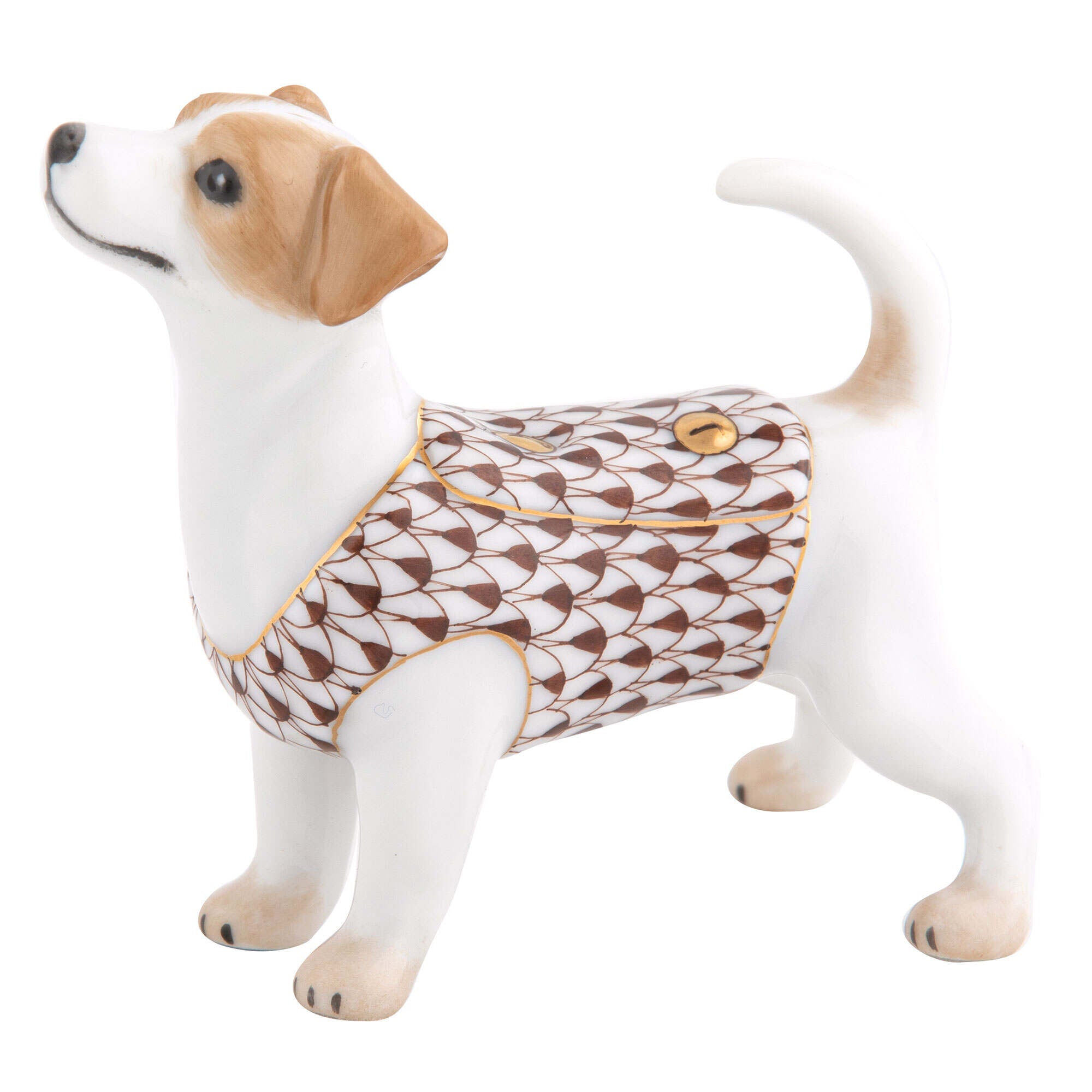 Hand-painted Herend Jack Russell Terrier Figurine in Chocolate fishnet porcelain on a white background