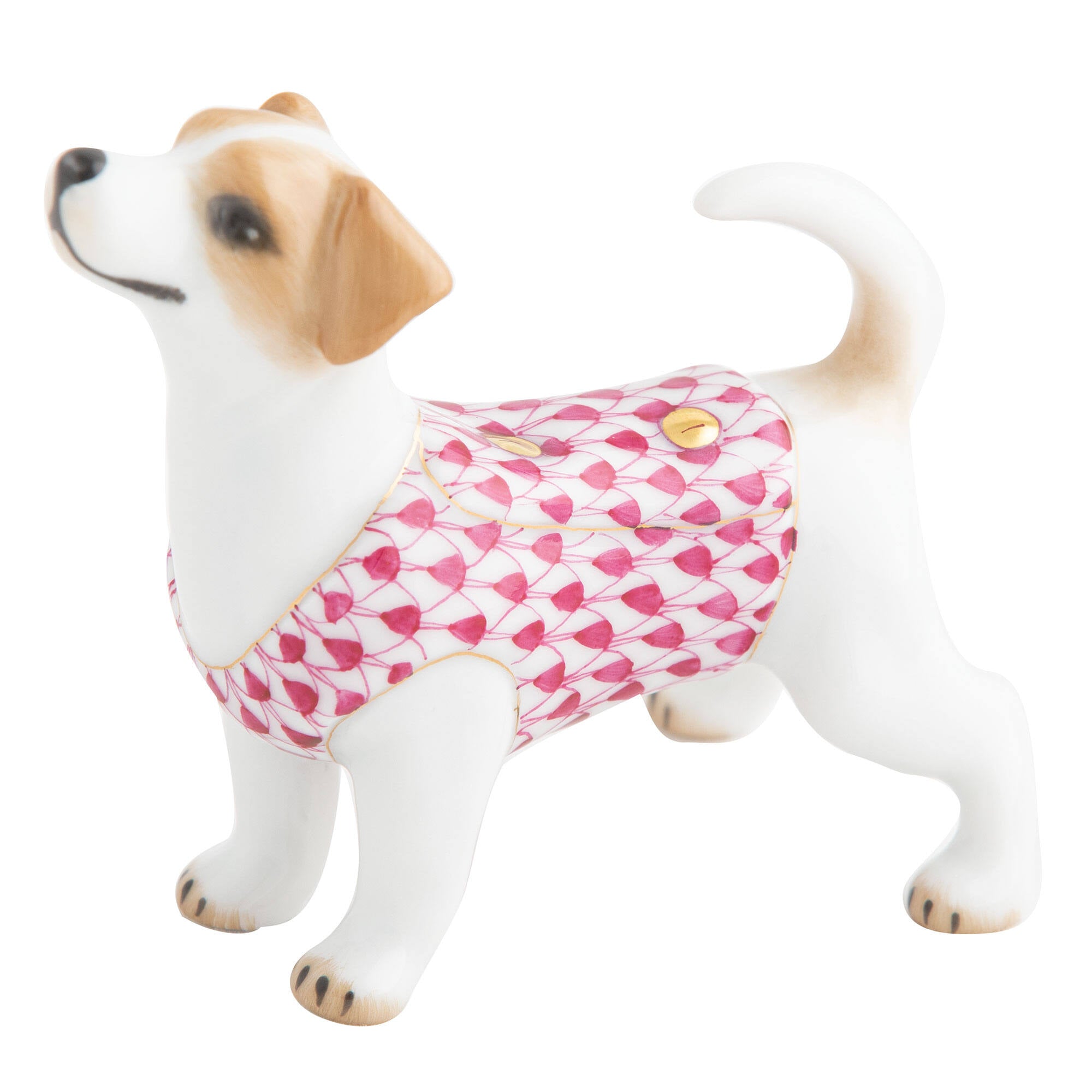 Hand-painted Herend Jack Russell Terrier Figurine in Raspberry fishnet porcelain on a white background