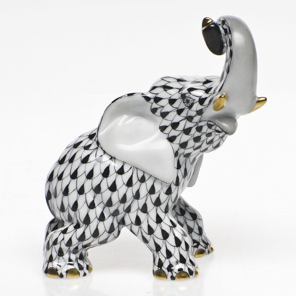 Hand-painted Herend Joyful Elephant Figurine in Black fishnet porcelain on a white background