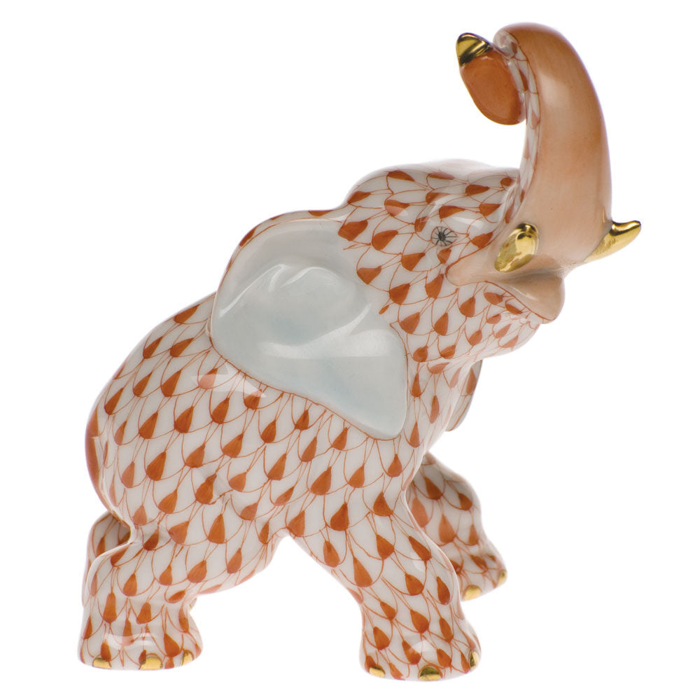 Rust fishnet Joyful Elephant Figurine figurine, hand-painted Herend porcelain with 24k gold accents