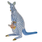 Hand-painted Herend Kangaroo and Baby Figurine in Blue fishnet porcelain on a white background