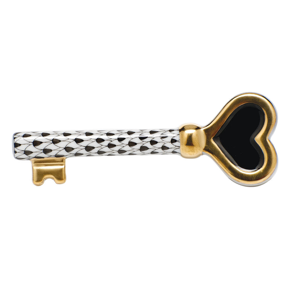 Herend Key To My Heart Figurine porcelain figurine painted in the Black fishnet pattern