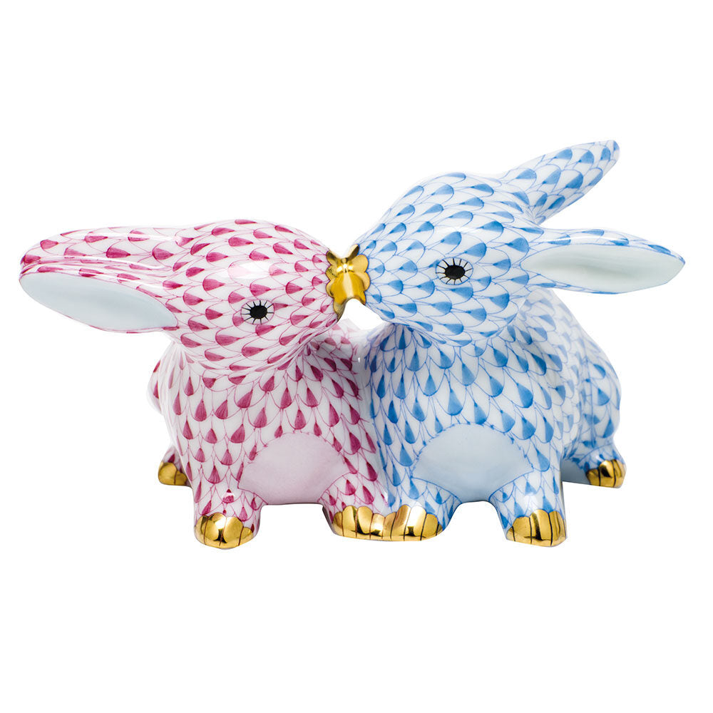 Kissing Bunnies Figurine in hand-painted Blue-Raspberry porcelain by Herend of Hungary