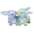 Hand-painted Herend Kissing Bunnies Figurine in Green-Blue fishnet porcelain on a white background