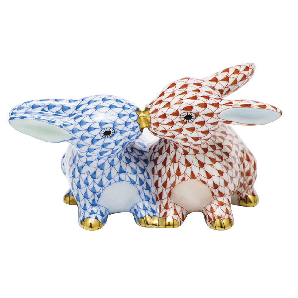 Rust-Blue fishnet Kissing Bunnies Figurine figurine, hand-painted Herend porcelain with 24k gold accents