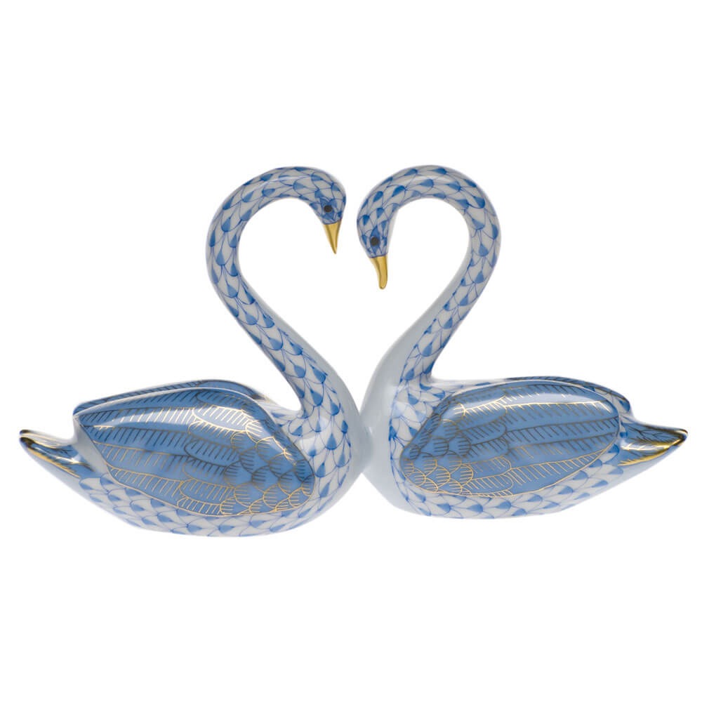 Blue fishnet Kissing Swans Figurine figurine, hand-painted Herend porcelain with 24k gold accents