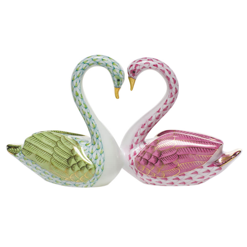 Herend Kissing Swans Blue in Raspberry-Keylime - Hand-Painted Porcelain Figurine