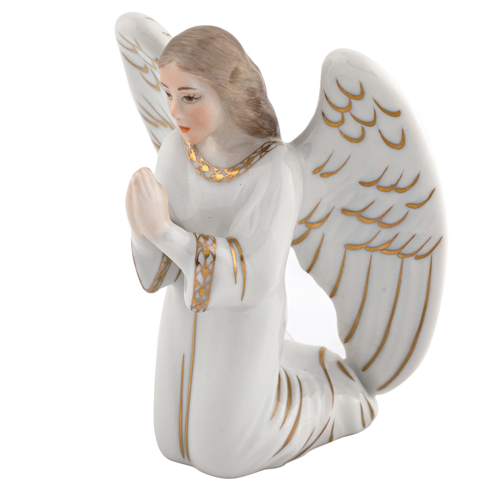Hand-painted Herend Kneeling Angel Figurine in fine porcelain, 3.25in L X 3in W X 4in H, on a white background