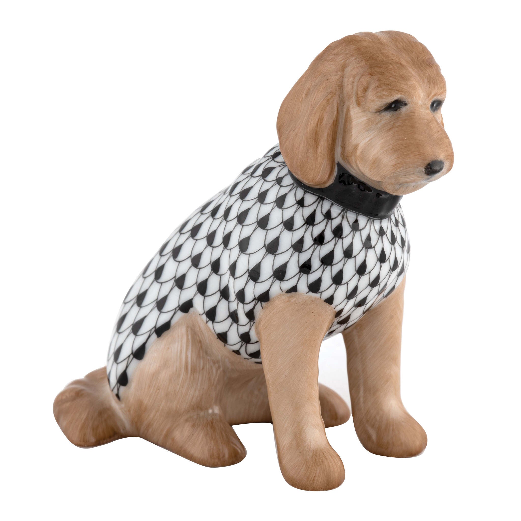 Herend Labradoodle Figurine porcelain figurine painted in the Black fishnet pattern