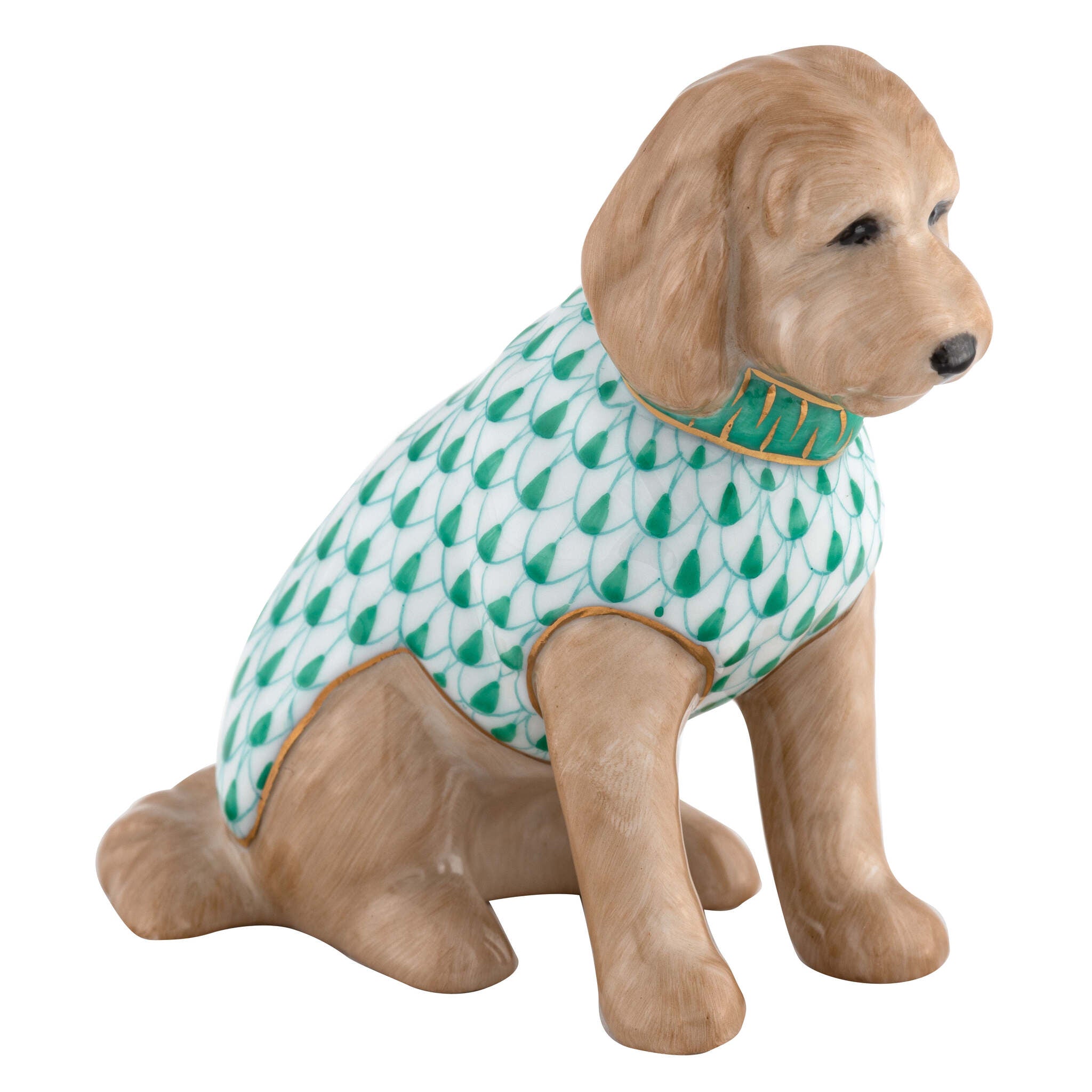 Green fishnet Labradoodle Figurine figurine, hand-painted Herend porcelain with 24k gold accents