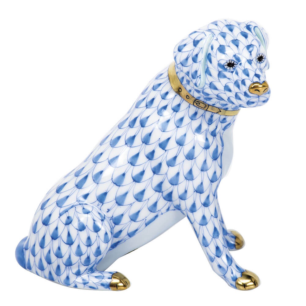 Hand-painted Herend Labrador Retriever Figurine in Blue fishnet porcelain on a white background