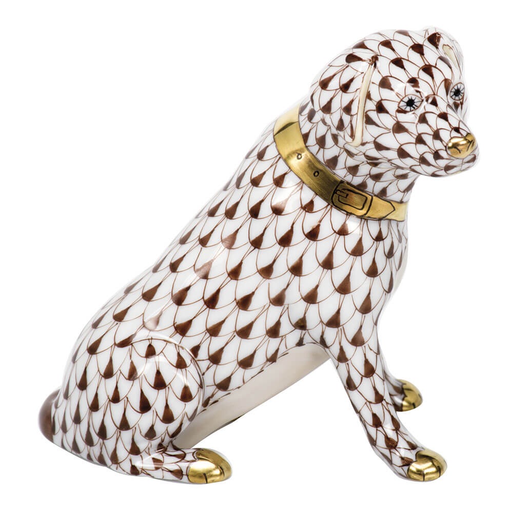 Chocolate fishnet Labrador Retriever Figurine figurine, hand-painted Herend porcelain with 24k gold accents